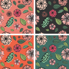 Set of 4 Spring Flowers Seamless Patterns Background