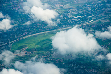 Aerial view of country houses in the village near the highway