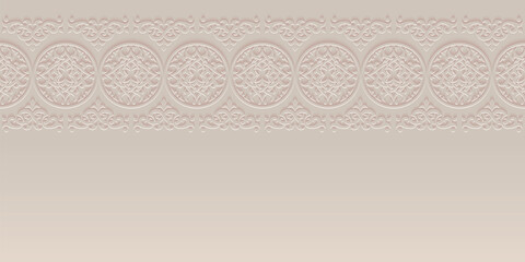 Monochrome ornamental patterned stone relief in arabic architectural style of islamic mosque, greeting card for Ramadan Kareem