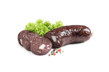 Tasty blood sausages, lettuce and pepper on white background