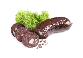 Tasty blood sausages, lettuce and pepper on white background