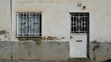 door and window on rustic house facade