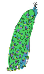 Beautiful peacock. Bird with a lush tail in a modern one line style. Solid line, outline for decor, posters, stickers, logo. Vector illustration.