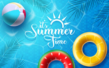 Summer time vector banner design. It's summer time text in swimming pool background with floating elements like floater and beach ball for holiday summer vacation. Vector illustration   
