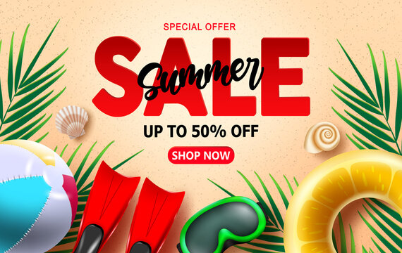 Summer sale vector banner design. Summer sale text up to 50% off special offer of beach elements like floater, flippers, goggles and beach ball for holiday season promo discount. Vector illustration 
