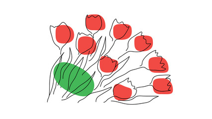 Continuous line drawing tulips bouquet. One line art on an abstract background. Vector illustration
