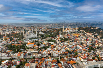 Aerial wide cityscape of Istanbul from the european side. Daytime shot bright lighting with both residential and historic mosque views