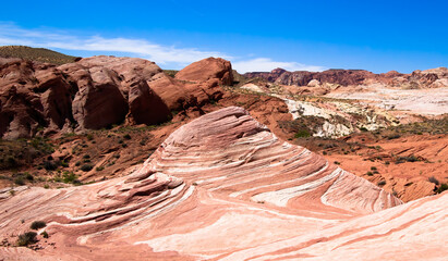 The wave in valley of Fire State Park in Nevada during summer with black, ocher, red rocks under blue sky