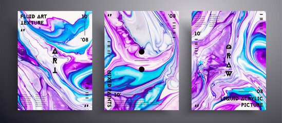 Abstract acrylic placard, fluid art vector texture collection. Trendy background that can be used for design cover, poster, brochure and etc. Purple, turquoise and white creative iridescent artwork.