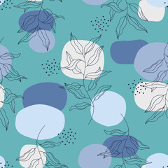 Abstract vector floral seamless pattern. Blue grey geometric spots, navy blue plant branch, wavy leaves, points. Turquoise texture, background for textile, fabric, wrapping paper, invitation, poster
