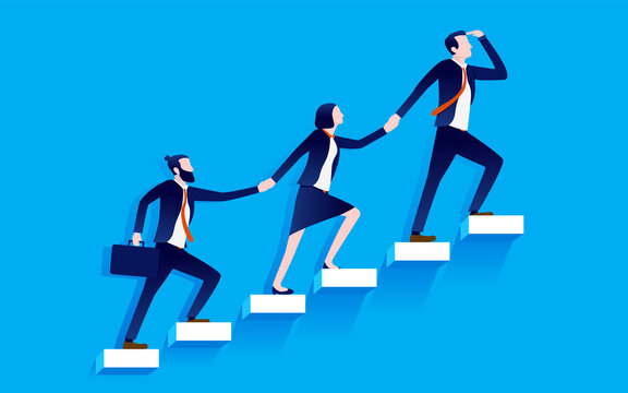 Business Aspiration - Team Of Business People, Men And Woman Walking Up Stairs And Taking The Steps To Success. Teamwork And Cooperation Concept. Vector Illustration.