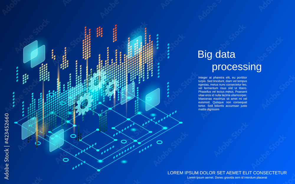 Poster data processing, big data analysis flat 3d isometric vector concept illustration
