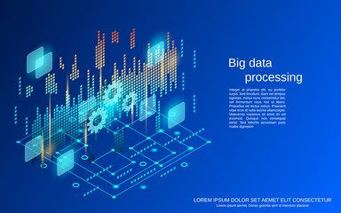 Data processing, big data analysis flat 3d isometric vector concept illustration