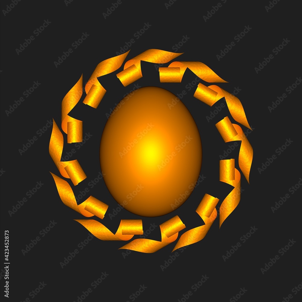 Poster a golden egg surrounded by gold ear ribbons in the form of a pattern on a gray background. 3d graphi