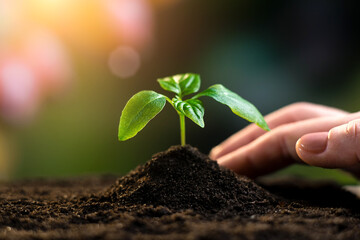 Female hand takes care of a young green sprout growing in a garden with sunlight. New life, gardening, agriculture and ecology concept