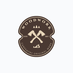 Lumberjack vintage crossed axe, forest and wood planer badge design. Simple carpentry emblem logo concept.