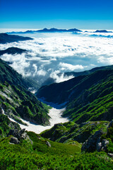 早朝北アルプス唐松岳から、唐松沢と雲海の上に新潟の日本百名山(妙高山、高妻山、火打山、雨飾山)を撮影