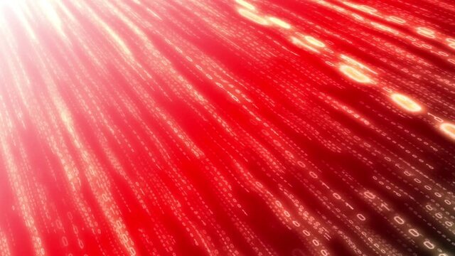 Red binary code falling down - matrix concept. Camera moves thorough falling digits, glow effect, gradient background - 3D 4k animation (3840x2160 px).