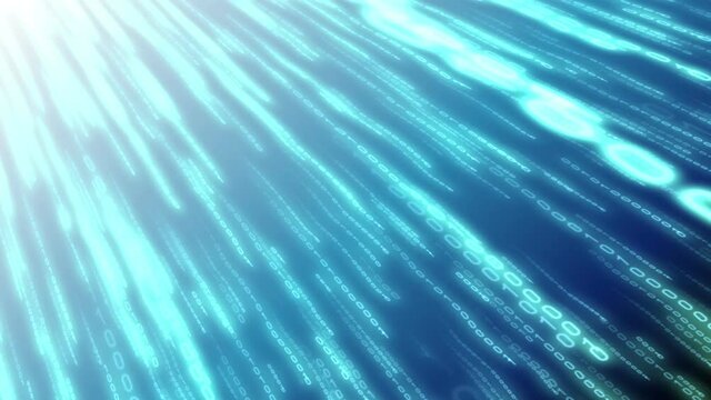 Blue binary code falling down - matrix concept. Camera moves thorough falling digits, glow effect, gradient background - 3D 4k animation (3840x2160 px).