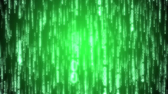 Green binary code falling down - matrix concept. Camera moves thorough falling digits, glow effect, gradient background - 3D 4k animation (3840x2160 px).