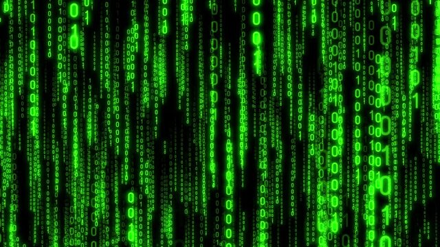 Green binary code falling down - matrix concept. Camera moves thorough falling digits, glow effect, black background - 3D 4k animation (3840x2160 px).
