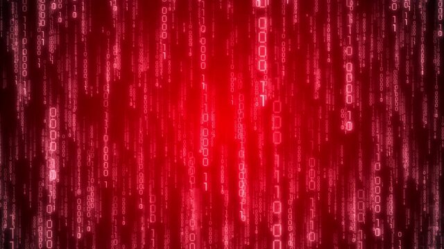 Red binary code falling down - matrix concept. Camera moves thorough falling digits, glow effect, gradient background - 3D 4k animation (3840x2160 px).