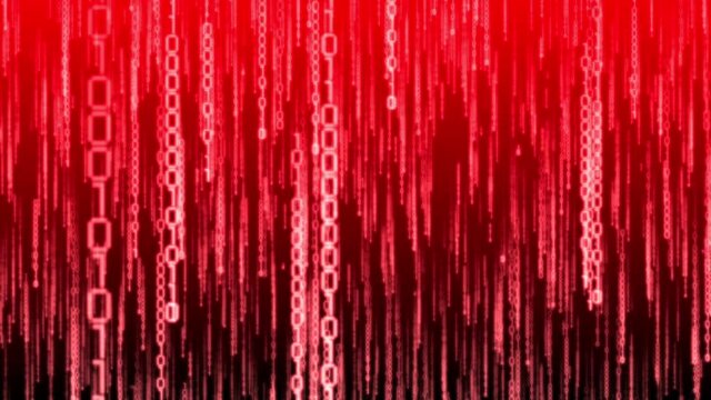 Red binary code falling down - matrix concept. Camera moves thorough falling digits, glow effect, gradient background - 3D 4k animation (3840x2160 px).