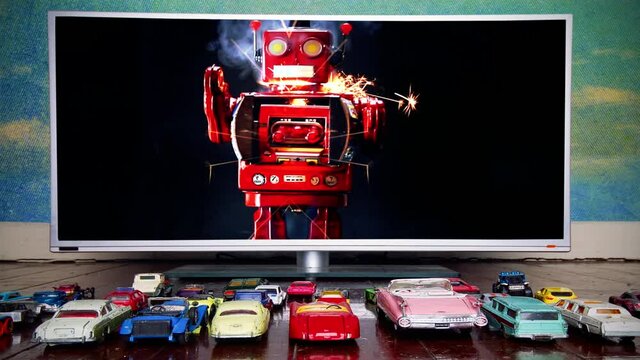cinemagraph retro robot si-fi fil toy movie night  science fiction,