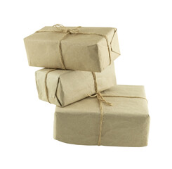 stack of three brown uneven giftbox on isolated background