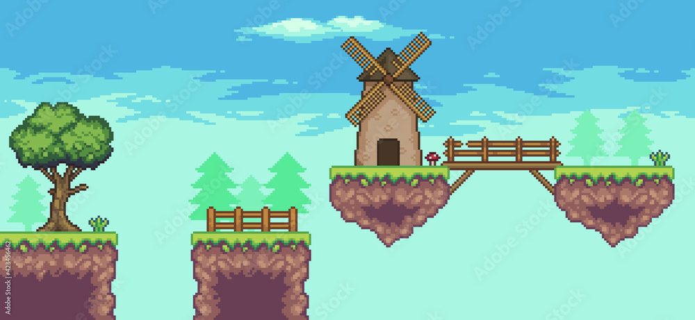 Poster pixel art arcade game scene with floating platform, mill, bridge, trees, fence and clouds, 8bit back