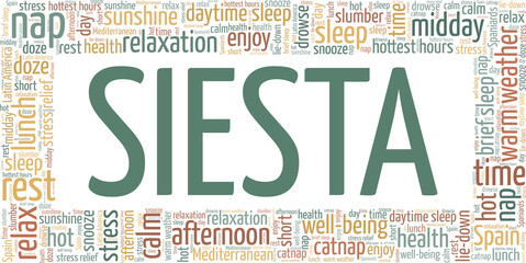Siesta - Afternoon nap vector illustration word cloud isolated on a white background. - obrazy, fototapety, plakaty