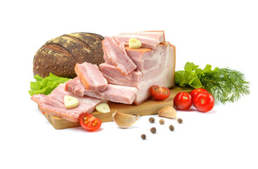 Smoked pork belly, bacon, ham on a wooden chopping board. White isolated background.