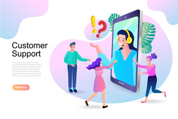Online Support Call center. Girl in headphones operator working on a mobile. Online meeting. Consulting and training concept. Business team at the video conference call. Vector flat cartoon.