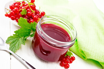 Jam of red currant in jar on white wooden board