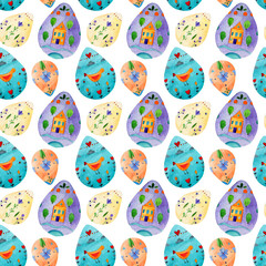 Easter eggs watercolor pattern. Purple, blue and yellow eggs for Easter decoration. Bright spring time wallpaper for holiday celebration. Colorful clip art for scrapbooking. 