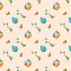 Happy Easter watercolor pattern. Easter Eggs with branches, leaves hand drawn elements. Bright colorful colors. Traditional holiday theme vector. 