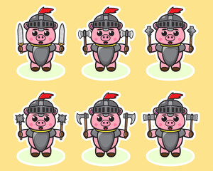 Obraz premium Vector illustration of cute Pig Knight cartoon with dual weapon. Cute Pig expression character design bundle. Good for icon, logo, label, sticker, clipart.