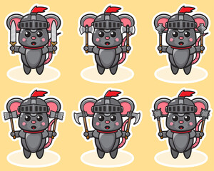 Vector illustration of cute Mouse Knight cartoon with dual weapon. Cute Mouse expression character design bundle. Good for icon, logo, label, sticker, clipart.