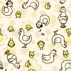 Chickens and chicks. Seamless illustration. Cartoon sketch style. Hand outline drawing cheerful funny animal. vector