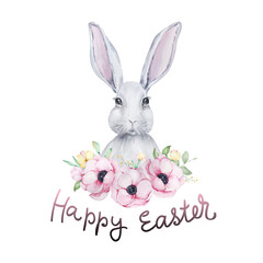 Watercolor easter bunny with floral wreath