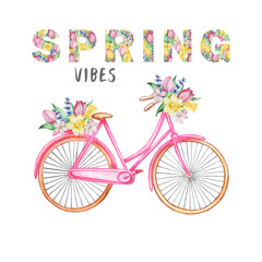 Watercolor illustration of bicycle and floral letters Spring vibes