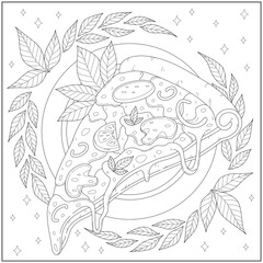 Delicious pepperoni cheese pizza slice with leaf border. Learning and education coloring page illustration for adults and children. Outline style, black and white drawing