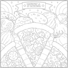 Delicious pepperoni cheese pizza slice and other ingredient. Learning and education coloring page illustration for adults and children. Outline style, black and white drawing
