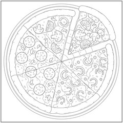 Delicious pepperoni cheese pizza in a pan. Learning and education coloring page illustration for adults and children. Outline style, black and white drawing