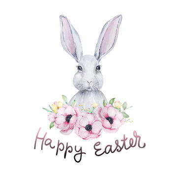 Watercolor easter bunny with floral wreath