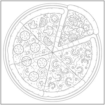 Delicious pepperoni cheese pizza in a pan. Learning and education coloring page illustration for adults and children. Outline style, black and white drawing