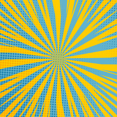 Pop art radial colorful comics book magazine cover. Striped orange and blue digital background. Cartoon funny retro pattern strip mock up. Vector halftone illustration. Sunburst, starburst shape