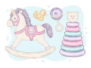 baby toys with glitter. rocking horse and unicorn, yellow rubber duck, pyramid with a teddy bear, rattle. isolated illustration