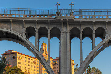 This image shows a juxtaposition of the Colorado Street Bridge and the Richard Chanbers Courthouse...