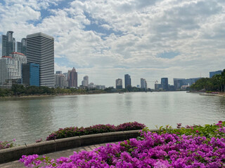 view across lake in benjakitti park Bangkok